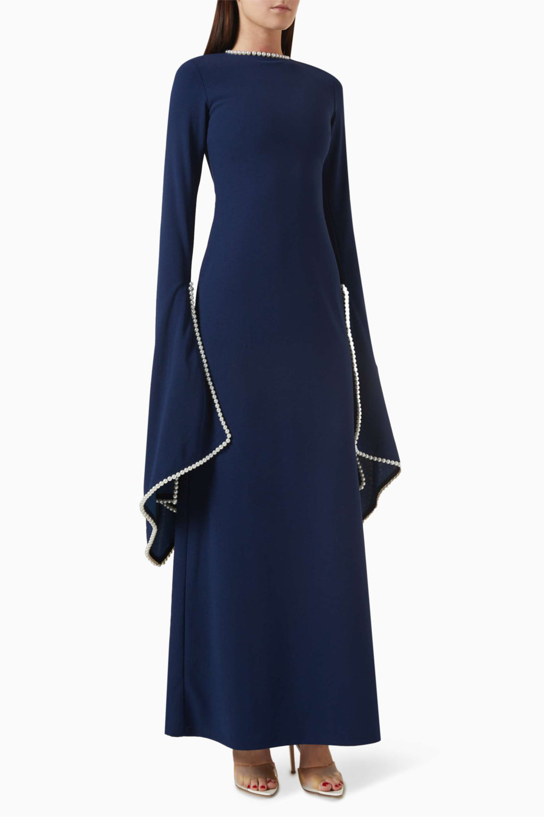 long-sleeve gown with pearl-trimmed flared cuffs – OPHELIA