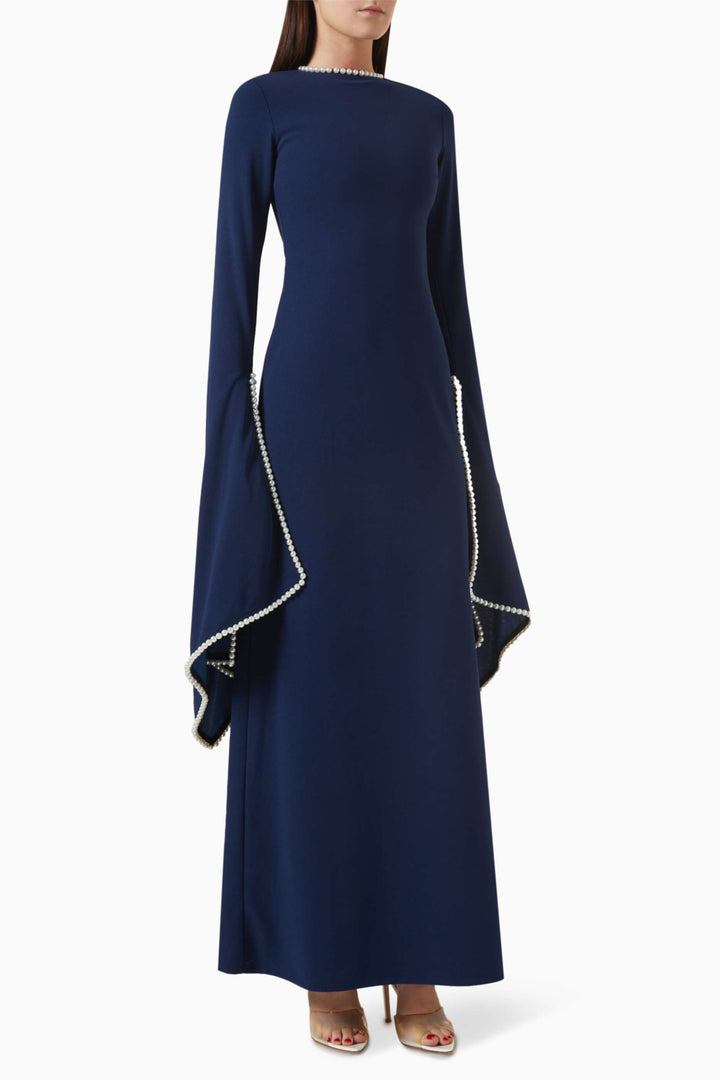 long-sleeve gown with pearl-trimmed flared cuffs – OPHELIA