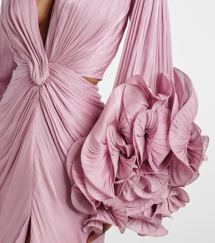 ruched satin gown with ruffled sleeves – EMERALD