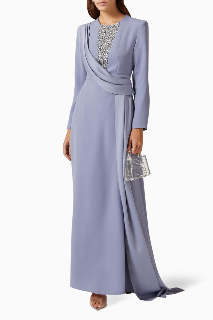 long-sleeve gown with embellished illusion neckline & draped sash – RHEA