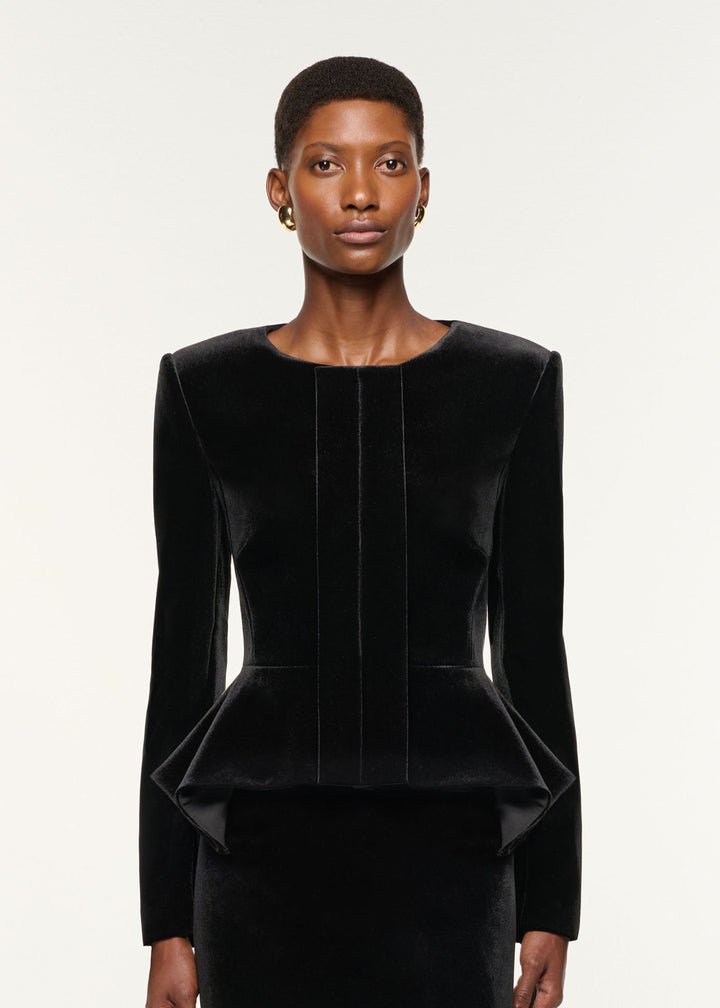 long-sleeve velvet midi dress with sculpted peplum – NOIRÉ