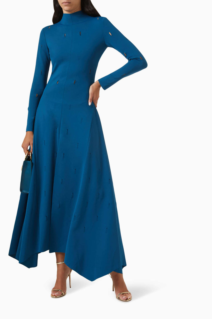 high-neck long-sleeve gown with front slit – RUBINA