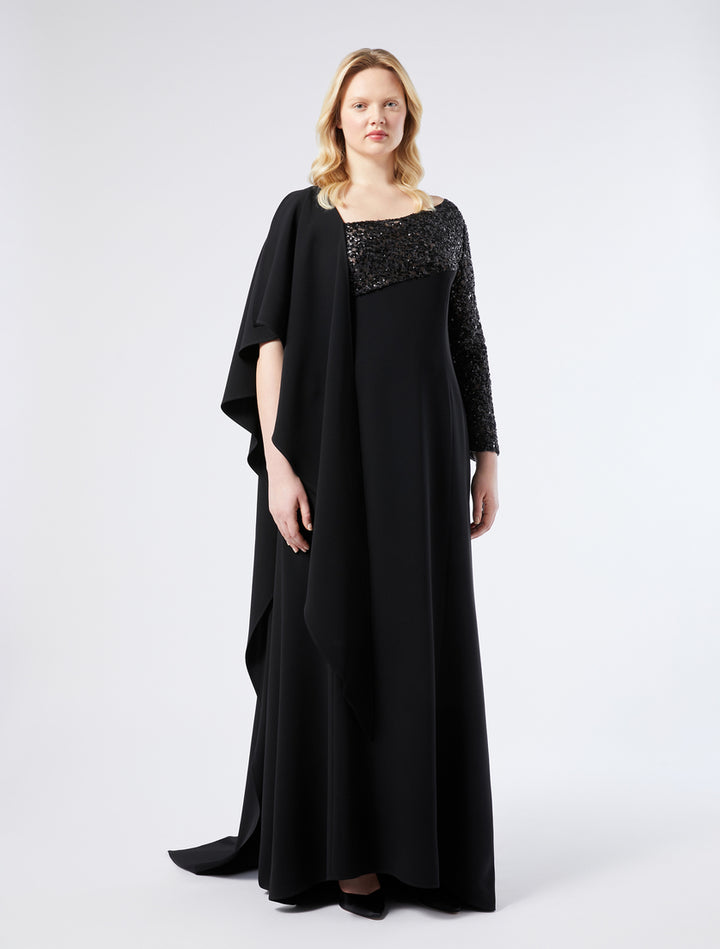 sequin-paneled gown with draped asymmetric cape – ELYANA