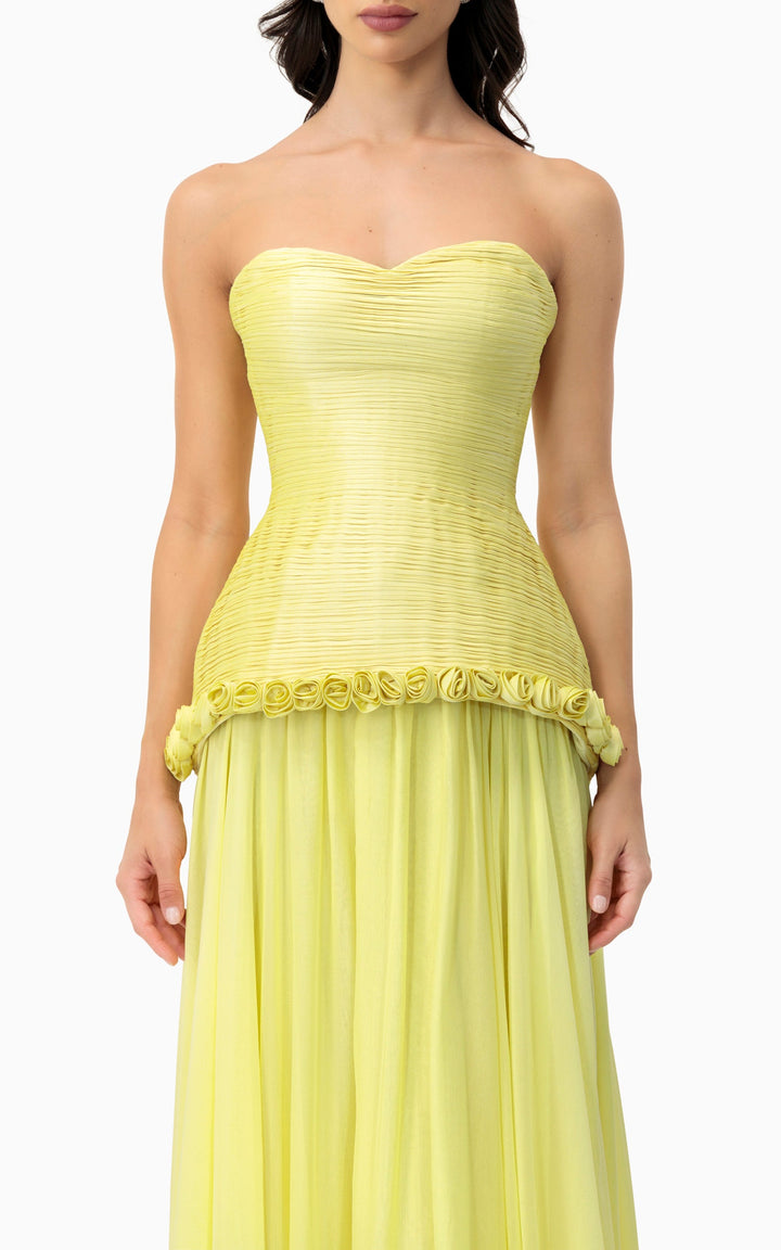 strapless pleated gown with floral trim – MARIGOLD