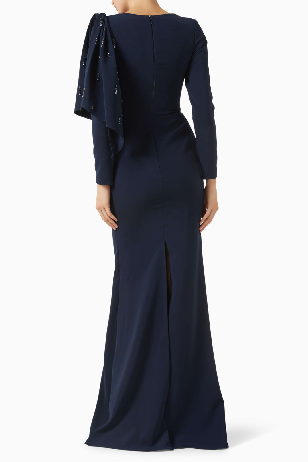 embellished draped-shoulder column gown – RUBINA