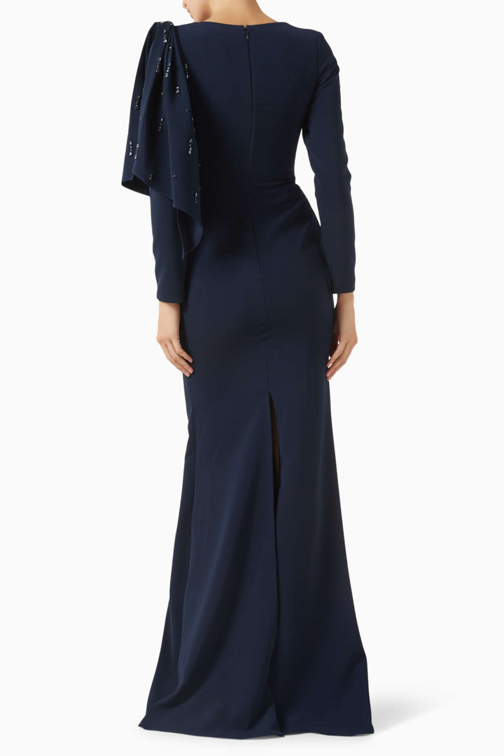 embellished draped-shoulder column gown – RUBINA