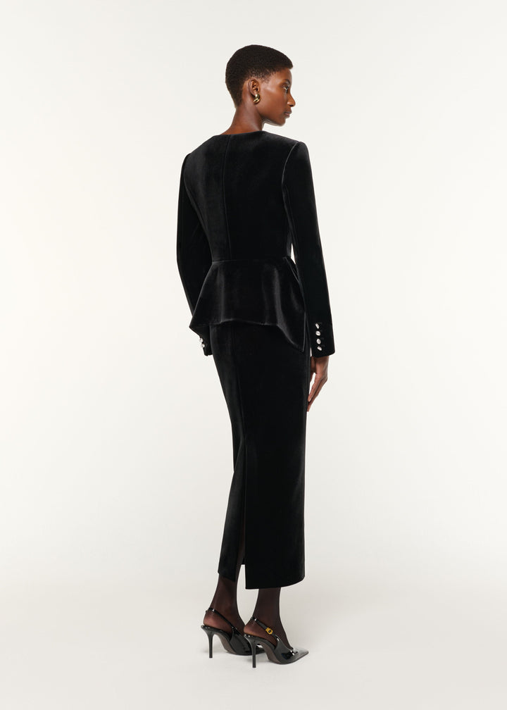 long-sleeve velvet midi dress with sculpted peplum – NOIRÉ