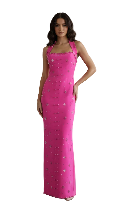 halter column dress with crystal stud detailing – FUCHSIA