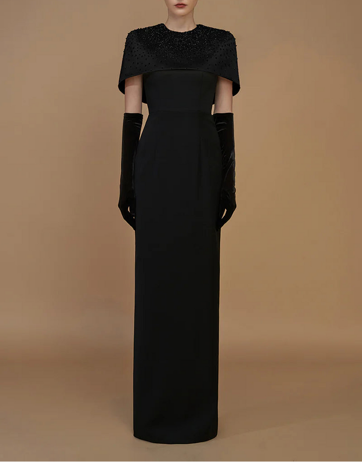 embellished mini-cape column gown – ADRIANA