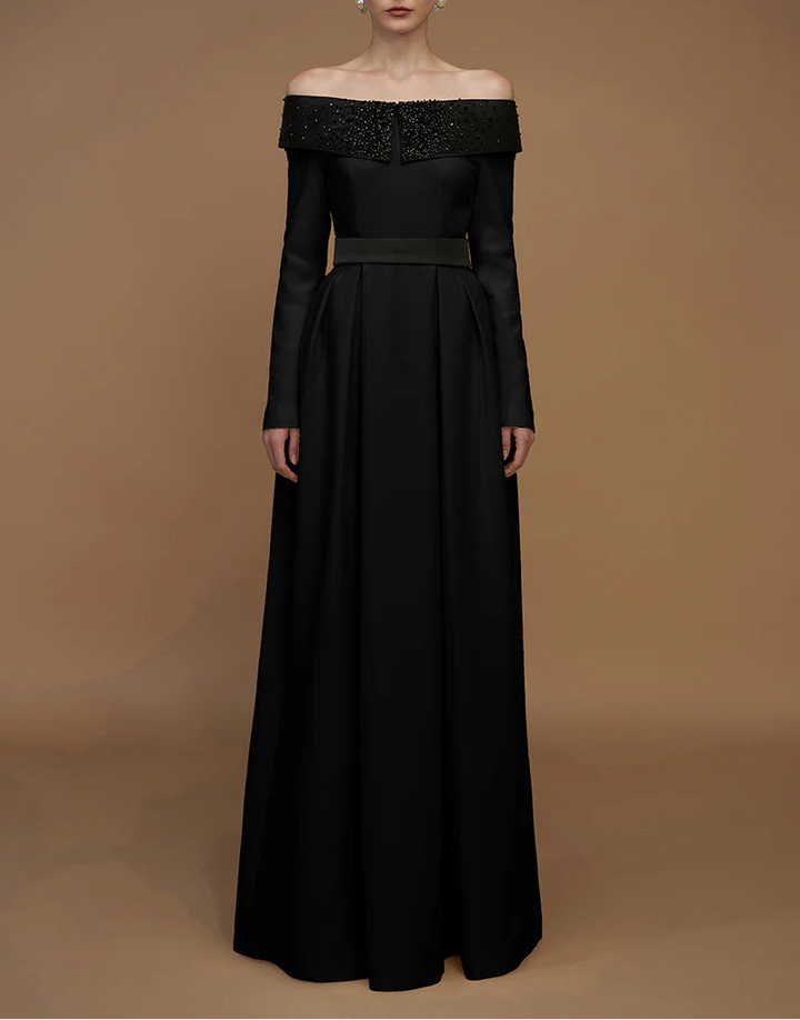 off-shoulder embellished gown with long sleeves – VESPERA