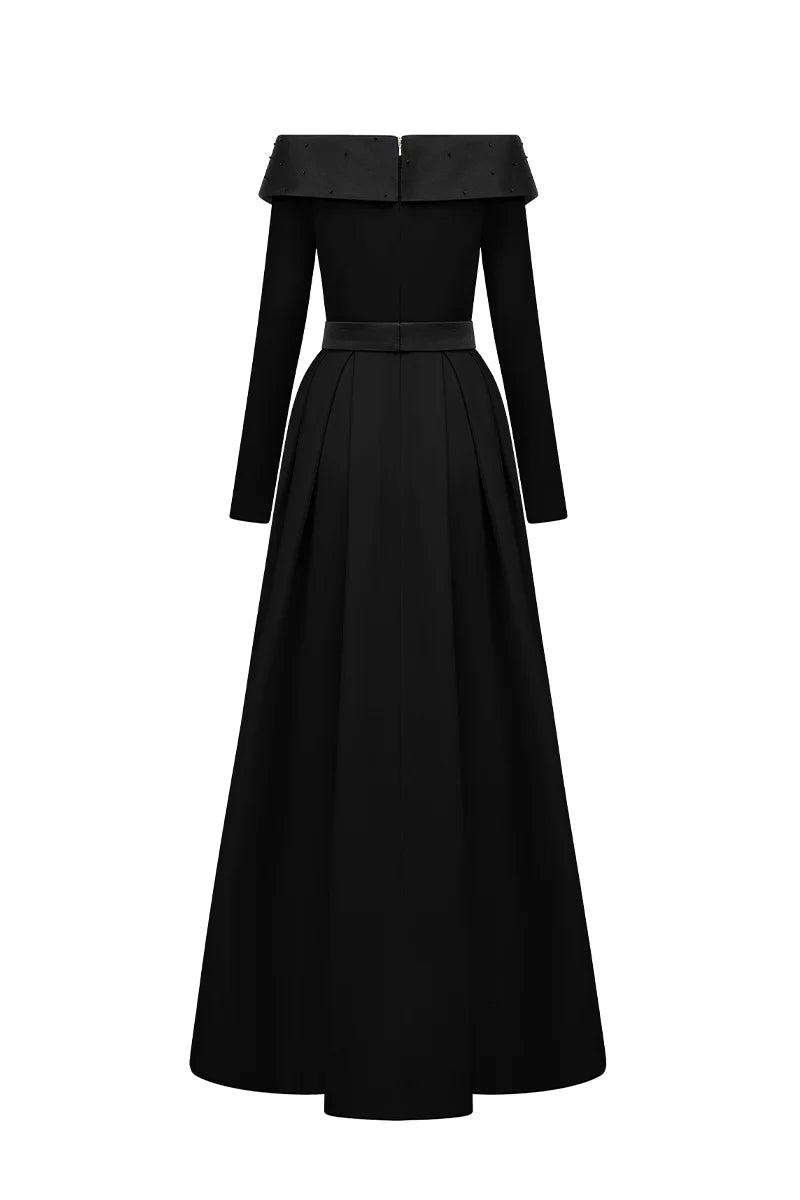 off-shoulder embellished gown with long sleeves – VESPERA