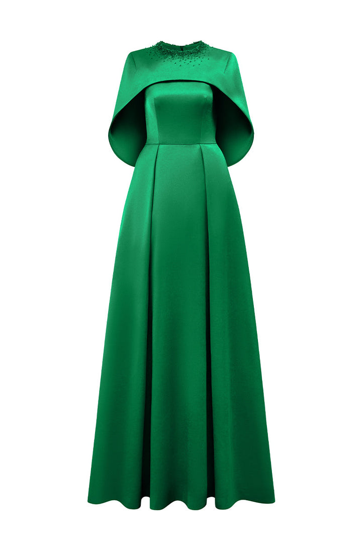 embellished cape gown in emerald satin – VERDELLA