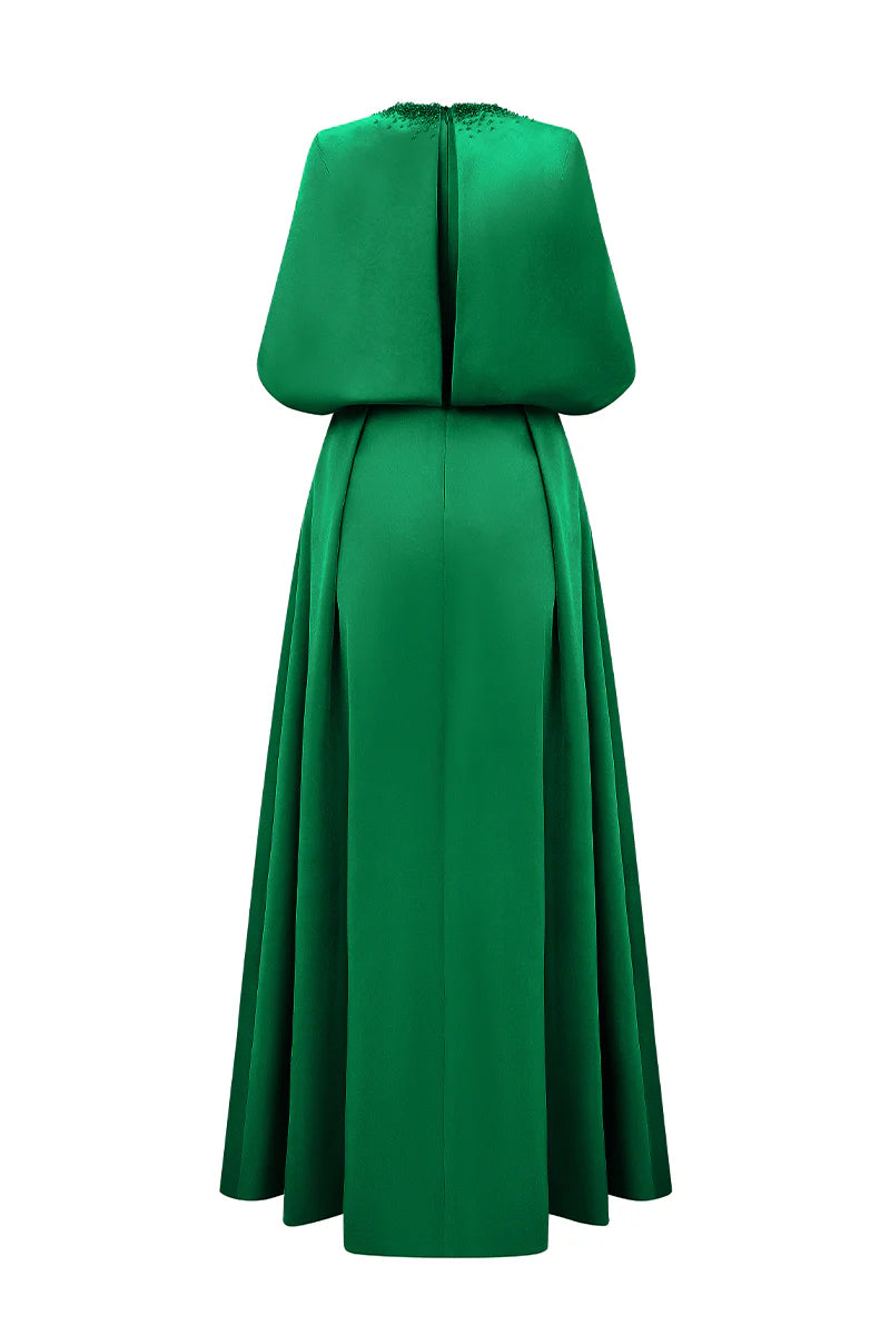 embellished cape gown in emerald satin – VERDELLA