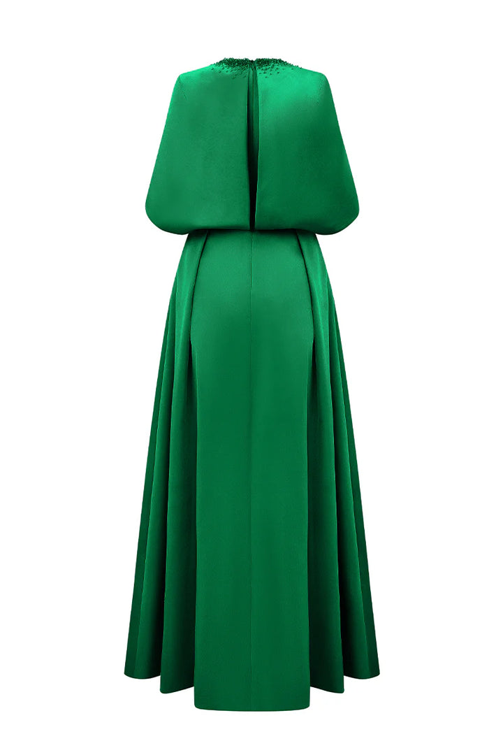 embellished cape gown in emerald satin – VERDELLA