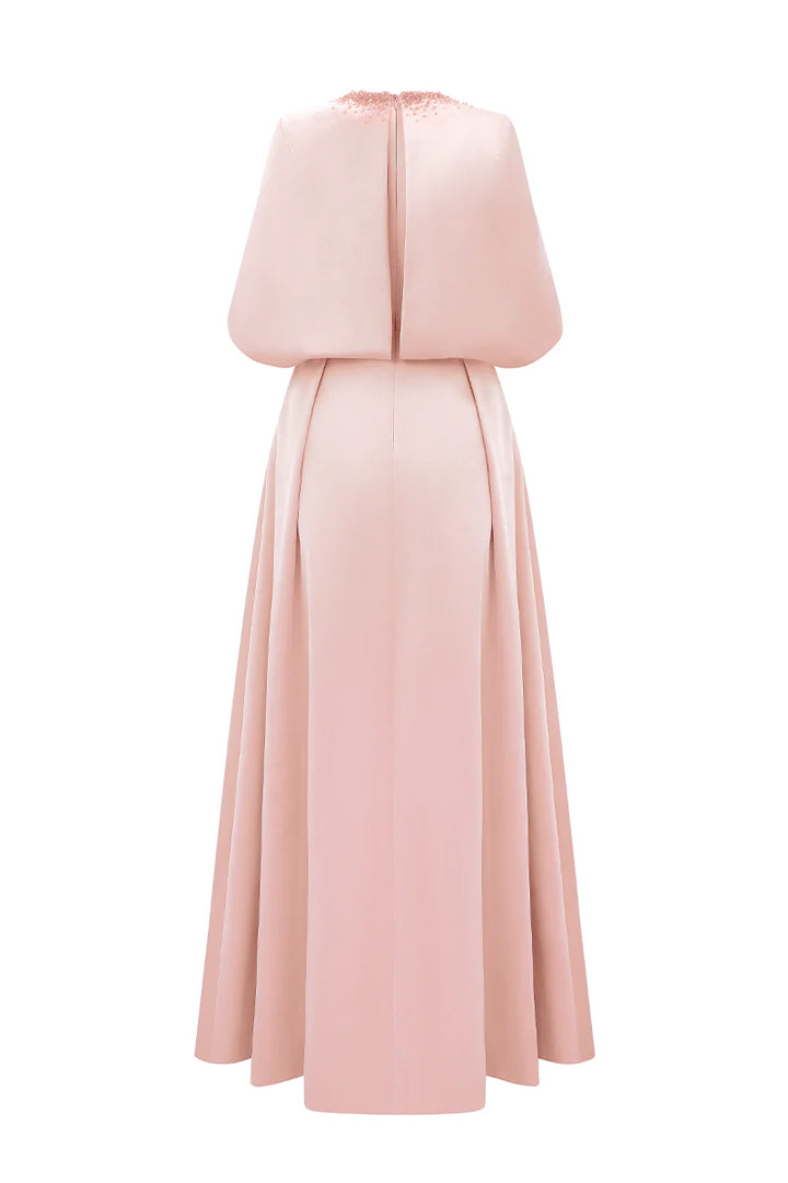 embellished cape gown in blush satin – AURELIA