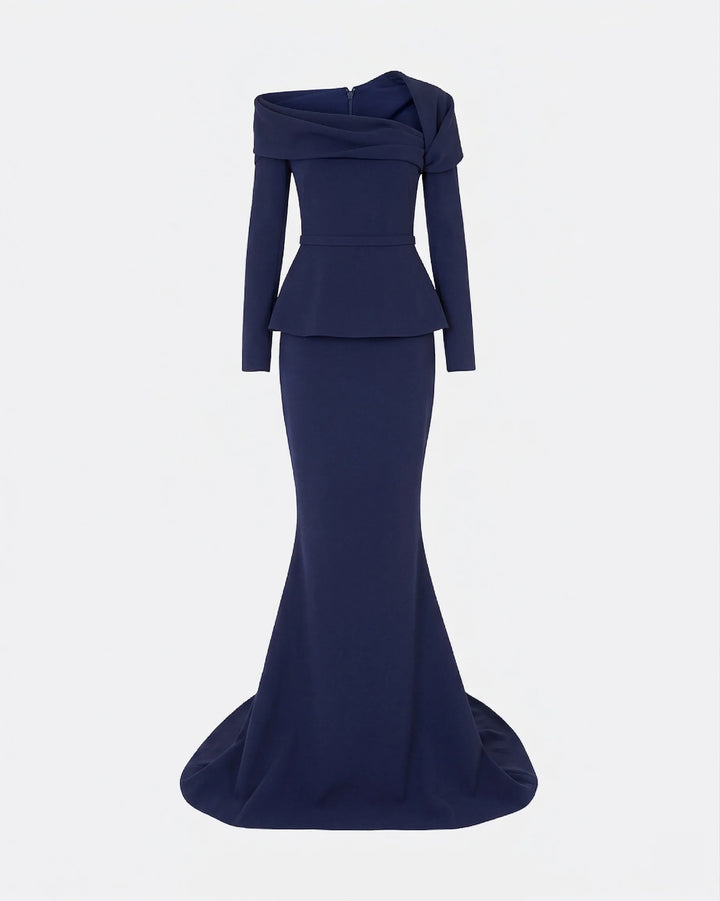 off-shoulder draped gown with peplum waist – SERENL-1