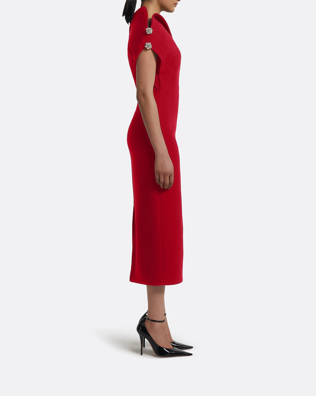 asymmetric draped-neck midi dress – REINA