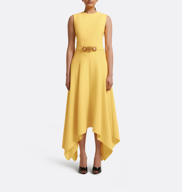 sleeveless asymmetrical hem dress with embellished belt – SUNRAY