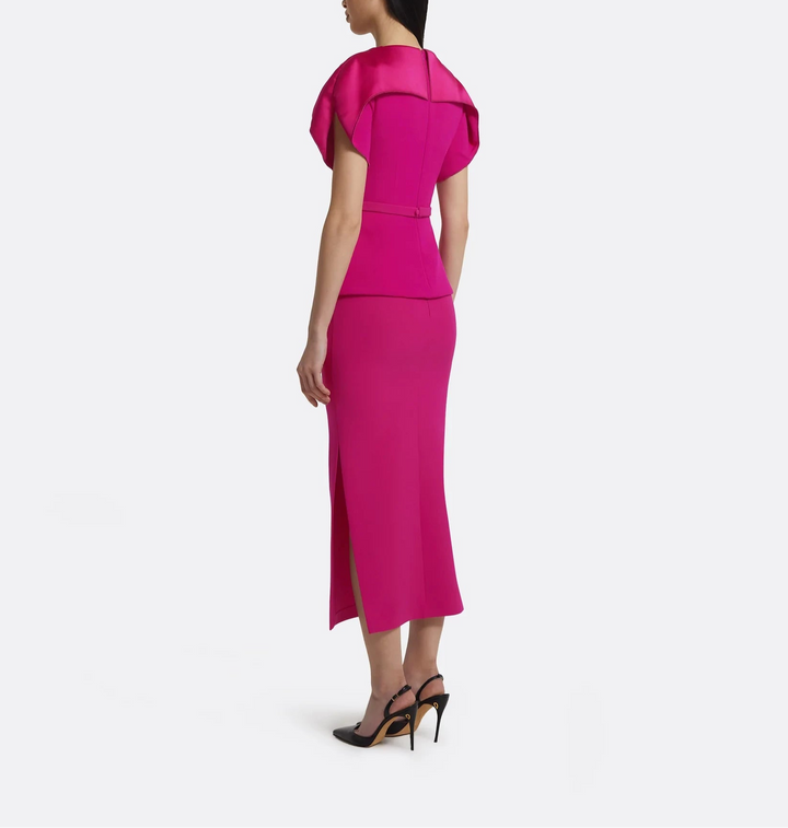 structured pencil dress with draped cape detail – ASIIEL