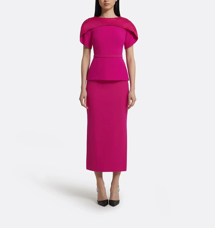 structured pencil dress with draped cape detail – ASIIEL