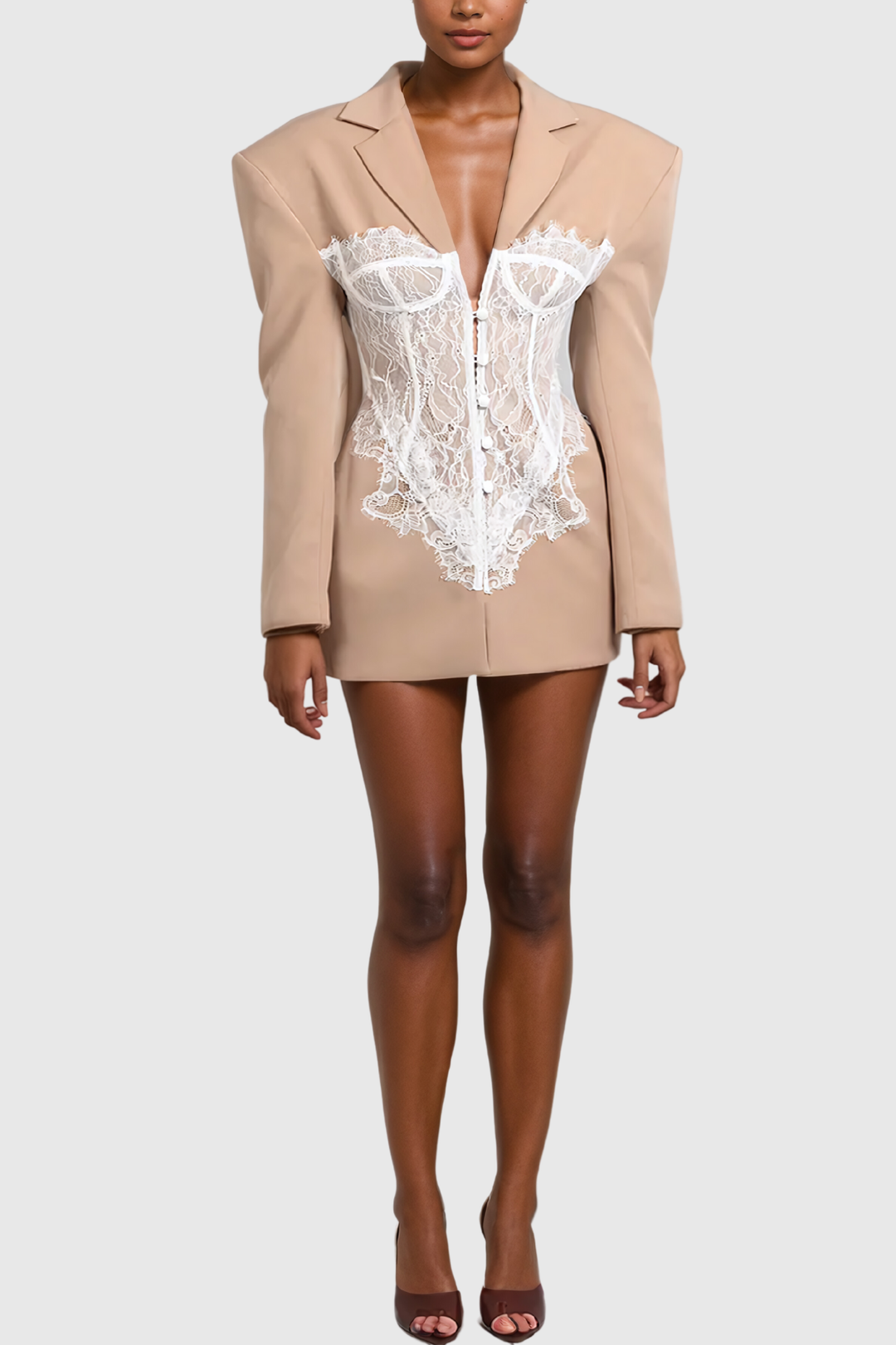 Adsila Deconstruct Lace Lapel Blazer In Khaki