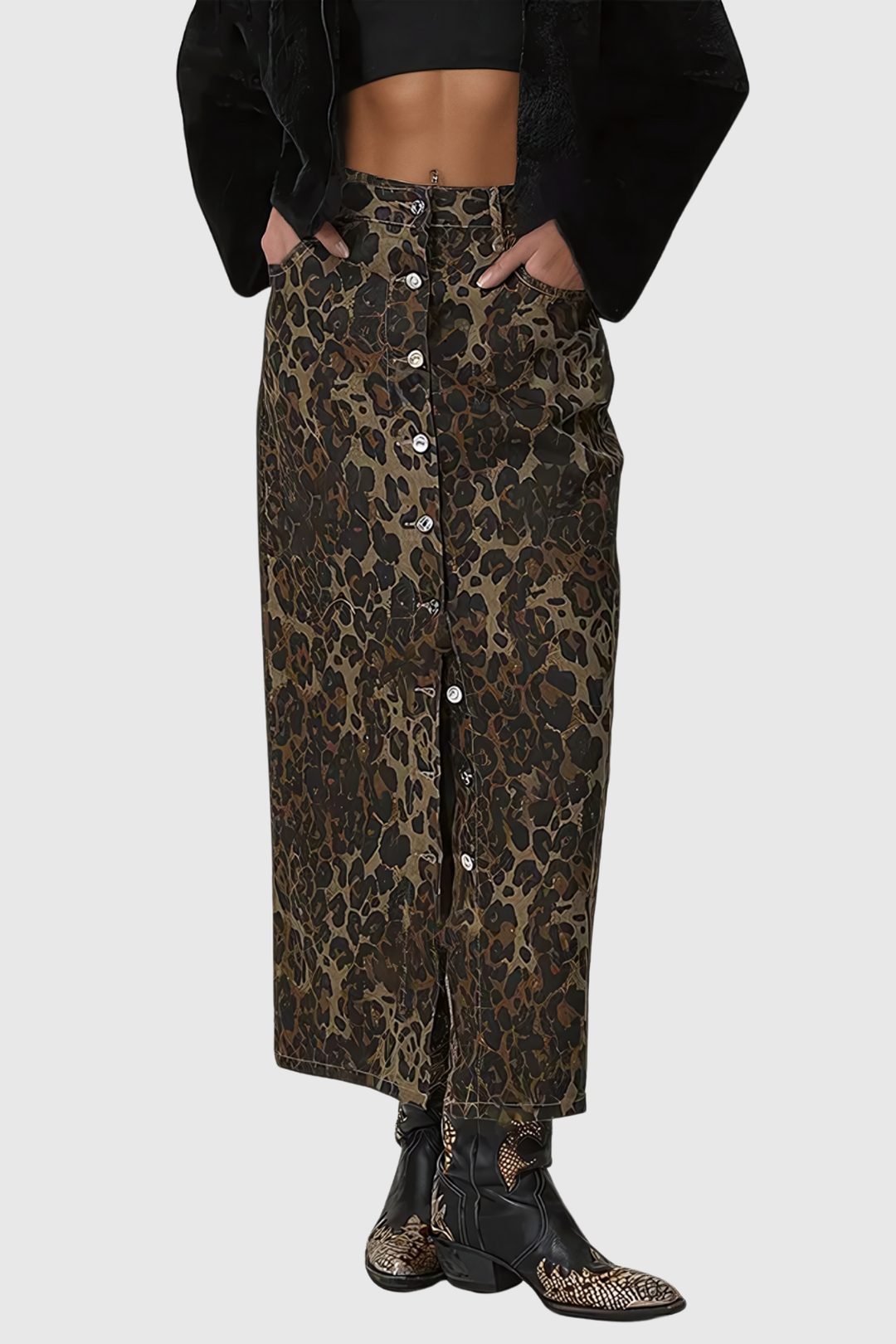 Agim Leopard Button Denim Skirt