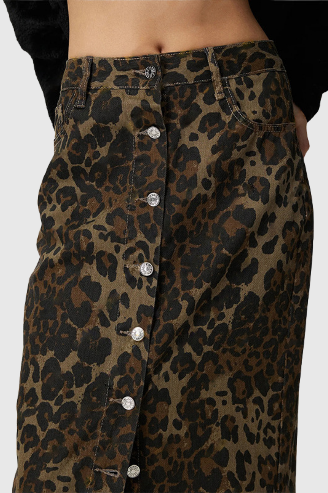 Agim Leopard Button Denim Skirt