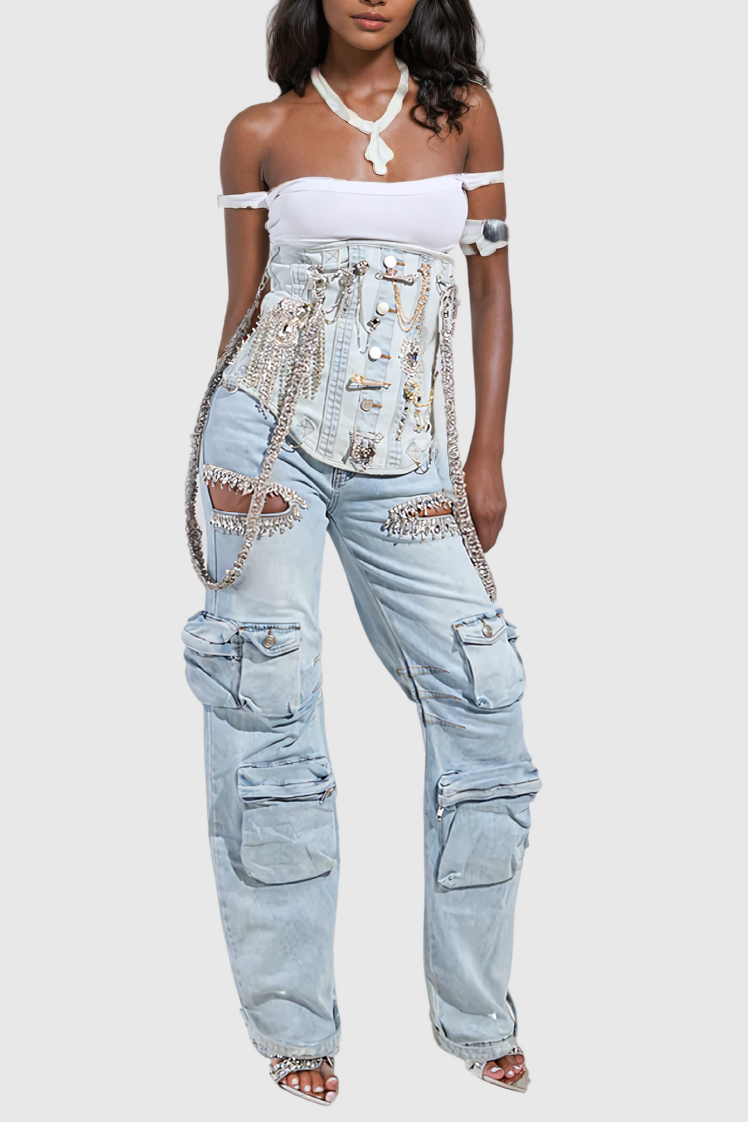 Ahava Diamond Cutout Cargo Jeans In Blue