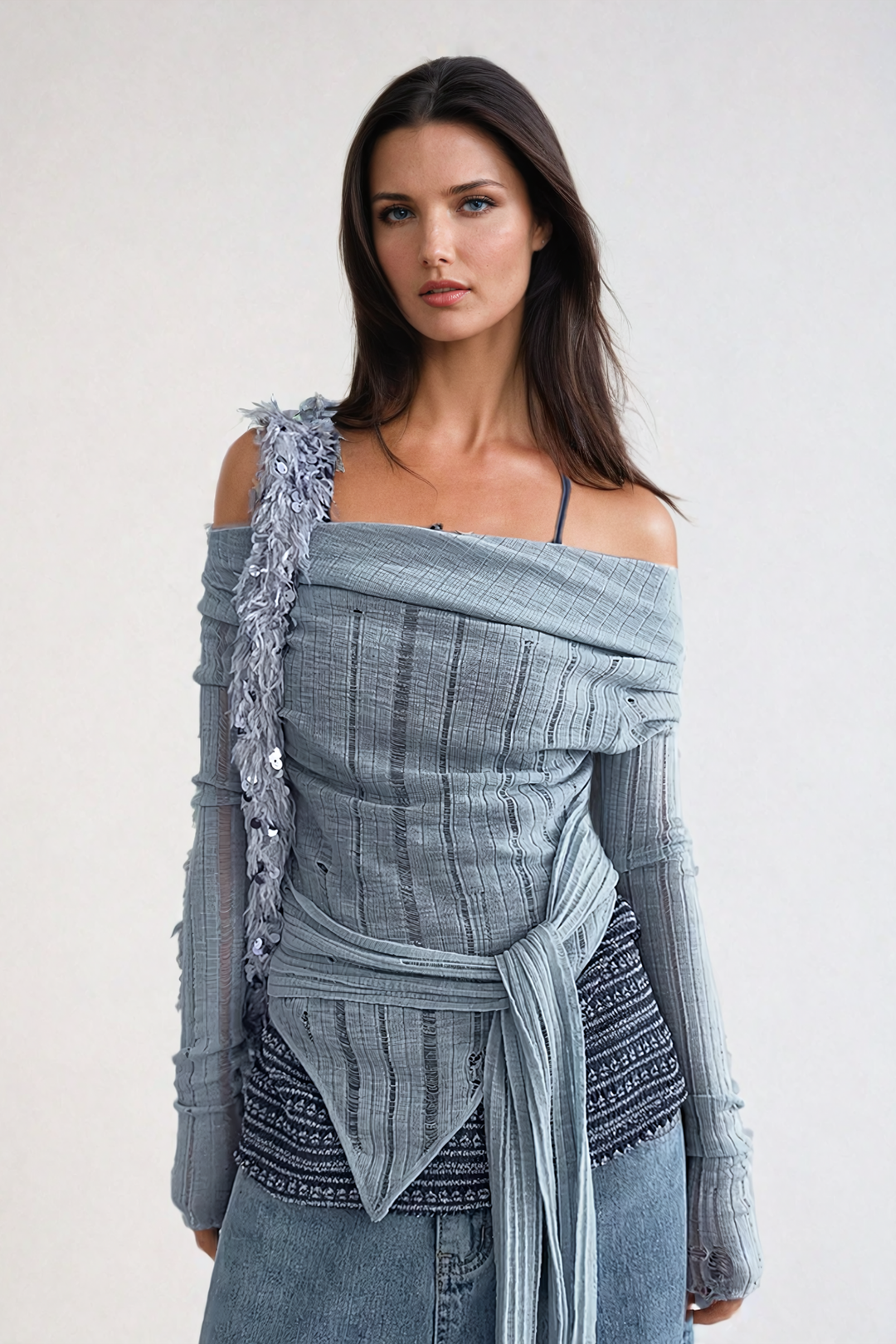 Ahe Off Shoulder Lace Up Asymmetric Top In Blue