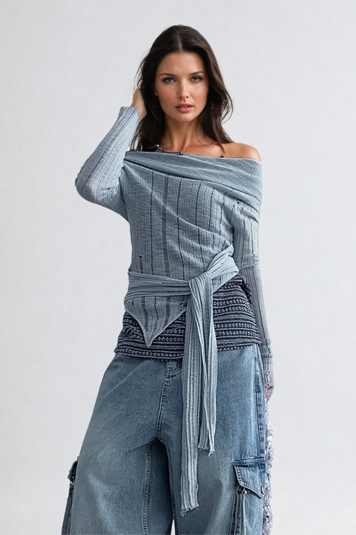 Ahe Off Shoulder Lace Up Asymmetric Top In Blue