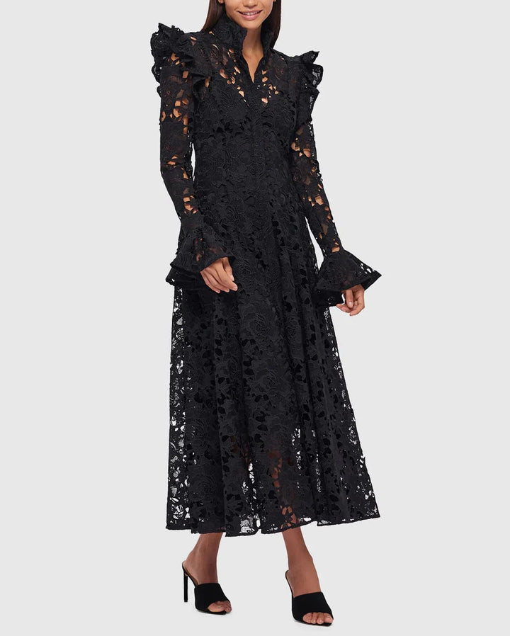 long-sleeve lace midi dress with ruffled shoulders – IVORIE