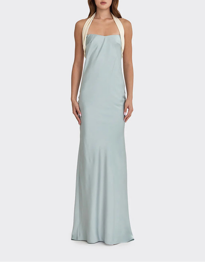halter satin gown with contrast draped tie – ANGELINE