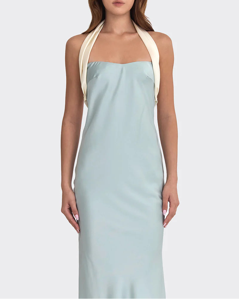 halter satin gown with contrast draped tie – ANGELINE