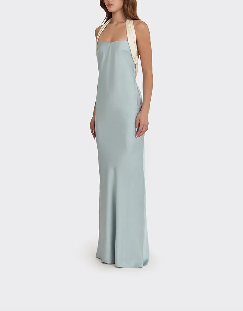 halter satin gown with contrast draped tie – ANGELINE