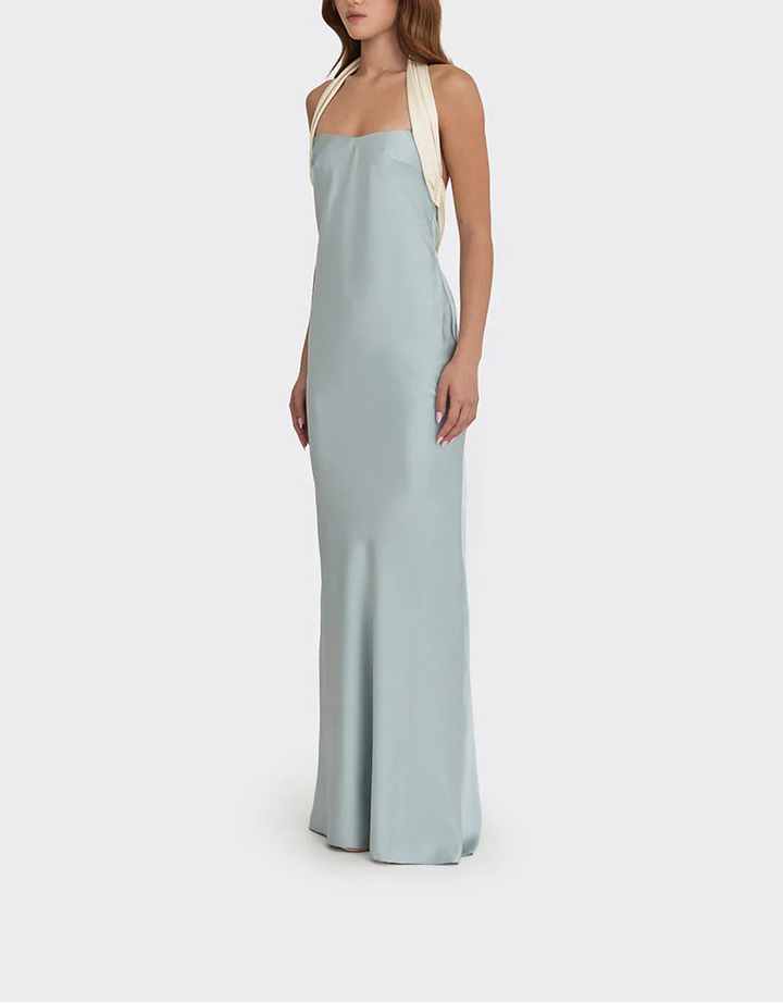 halter satin gown with contrast draped tie – ANGELINE