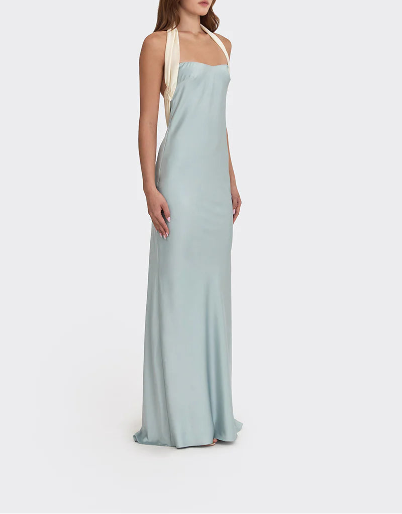 halter satin gown with contrast draped tie – ANGELINE