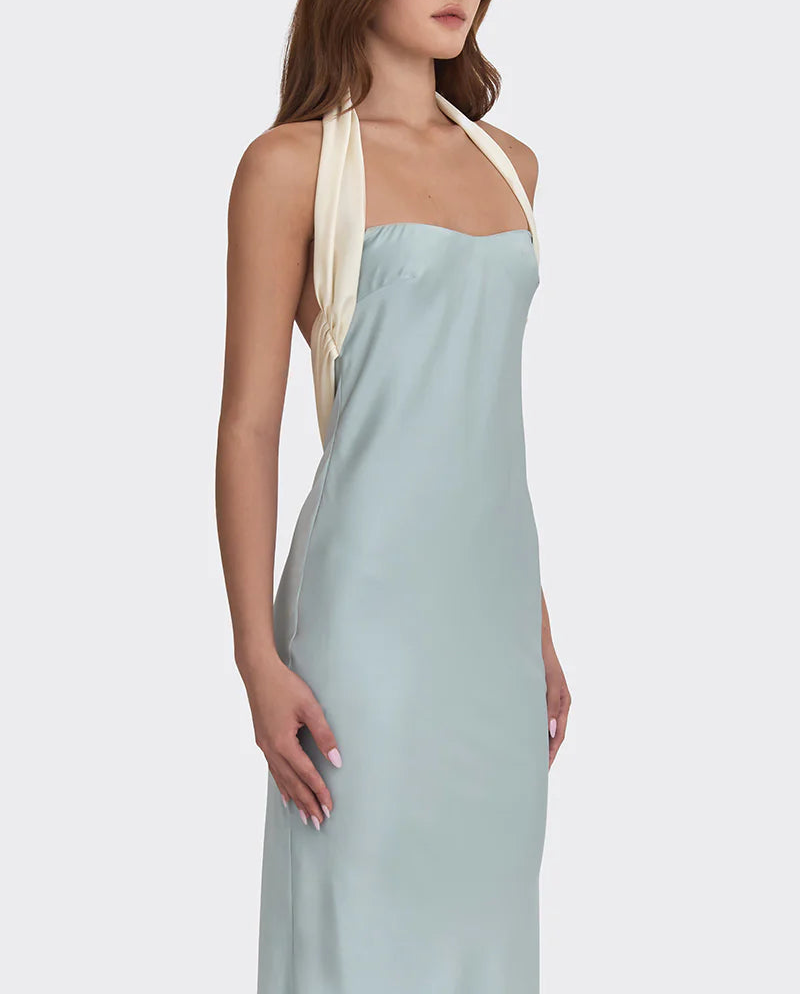 halter satin gown with contrast draped tie – ANGELINE