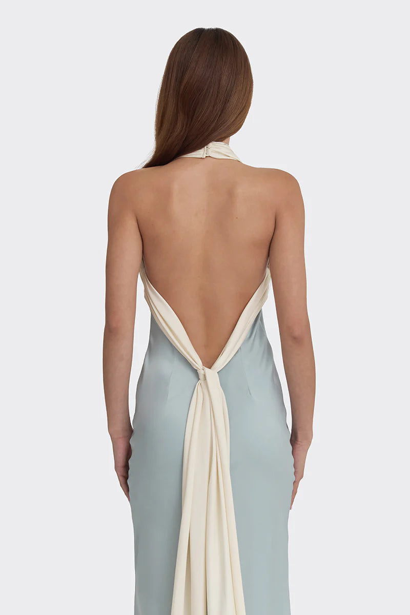 halter satin gown with contrast draped tie – ANGELINE