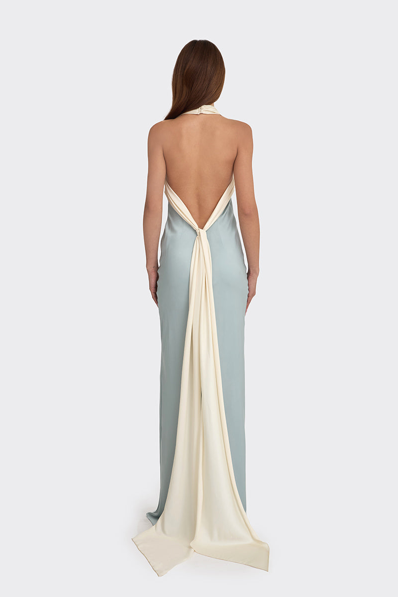halter satin gown with contrast draped tie – ANGELINE