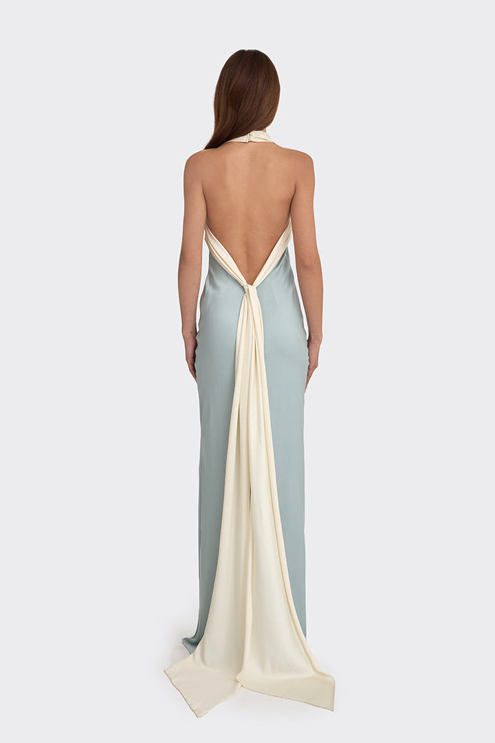 halter satin gown with contrast draped tie – ANGELINE