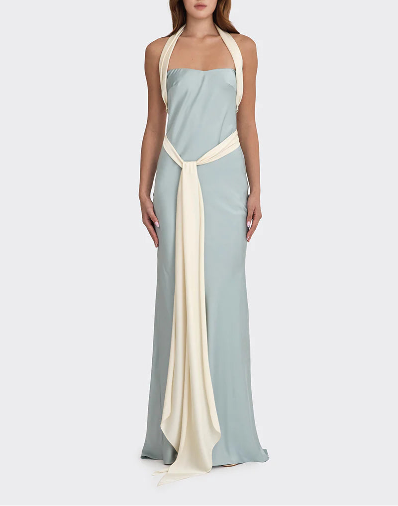 halter satin gown with contrast draped tie – ANGELINE