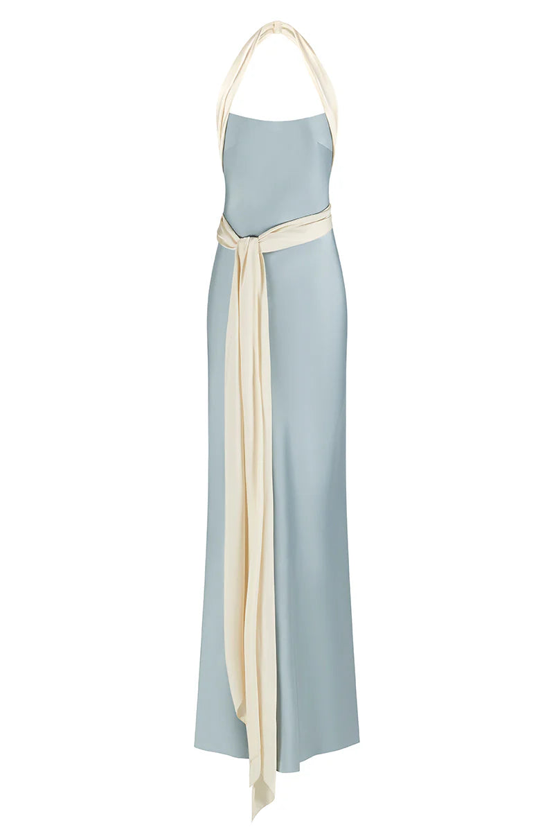 halter satin gown with contrast draped tie – ANGELINE