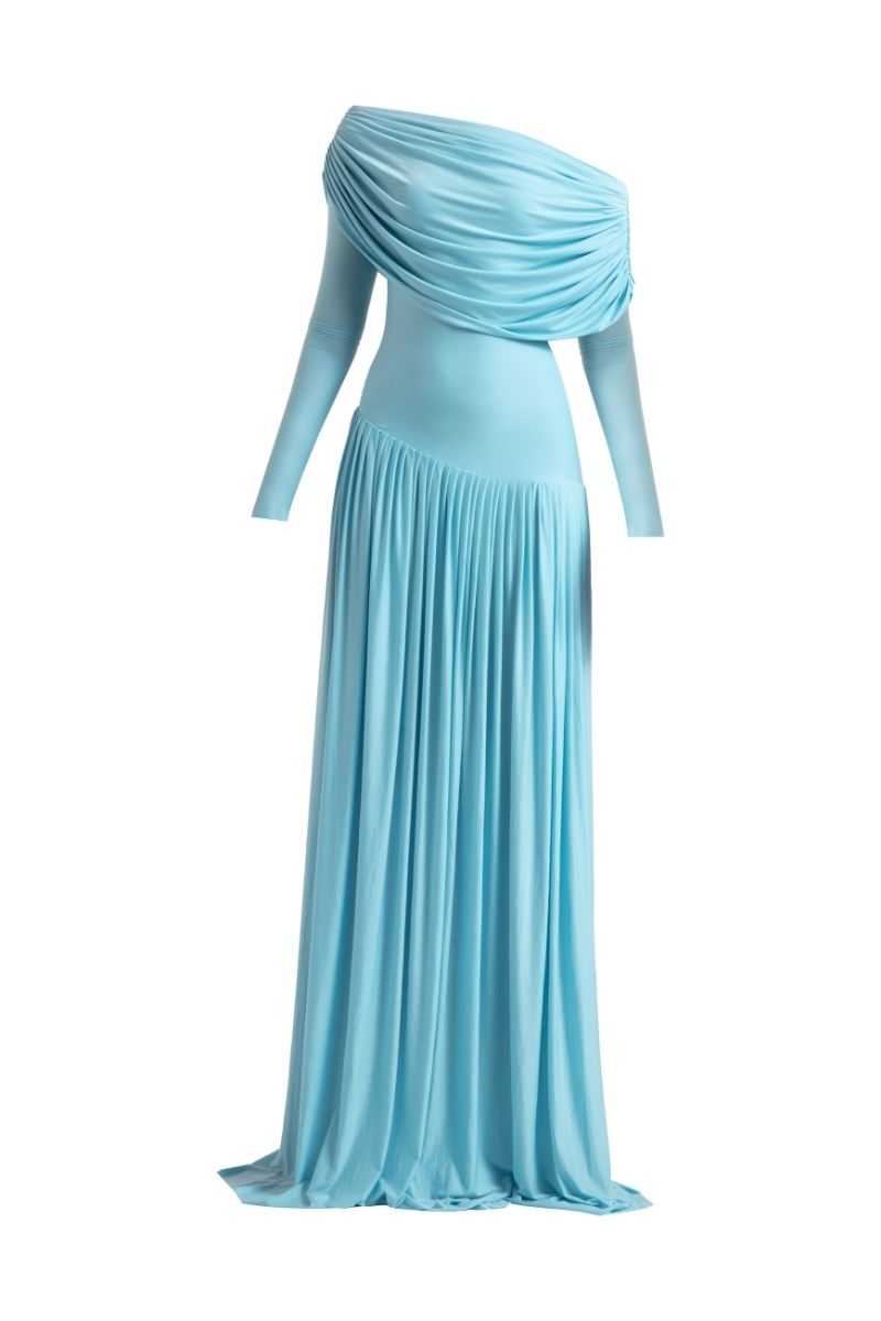 off-shoulder draped jersey gown – ARIA