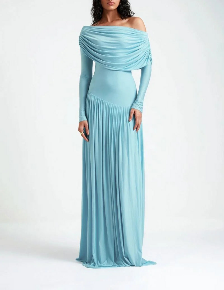 off-shoulder draped jersey gown – ARIA