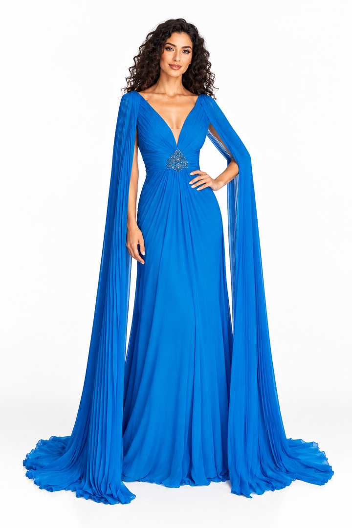 Azure Pleated Cape Gown -Celestine