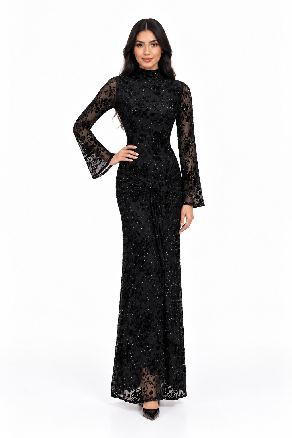 Embellished High-Neck Velvet Evening Gown - Noirevia