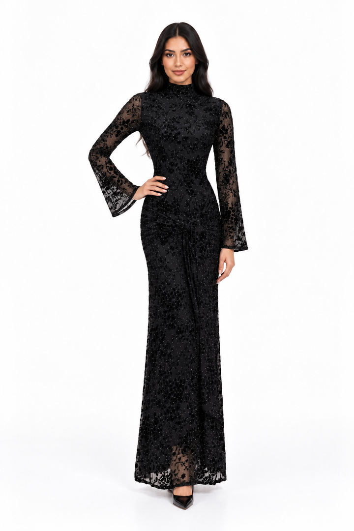 Embellished High-Neck Velvet Evening Gown - Noirevia