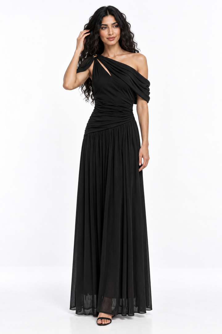 Asymmetric Ruched One-Shoulder Evening Gown - Rosavina