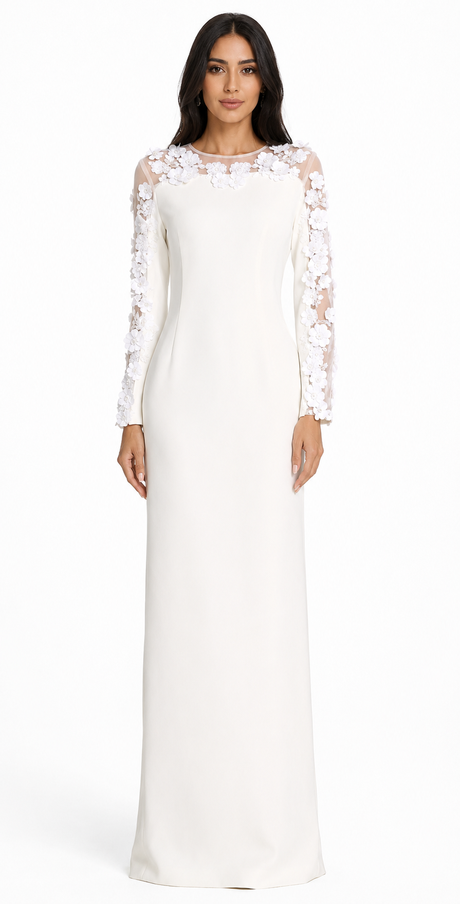 Floral Embellished Illusion Sleeve Maxi Dress - Ruby