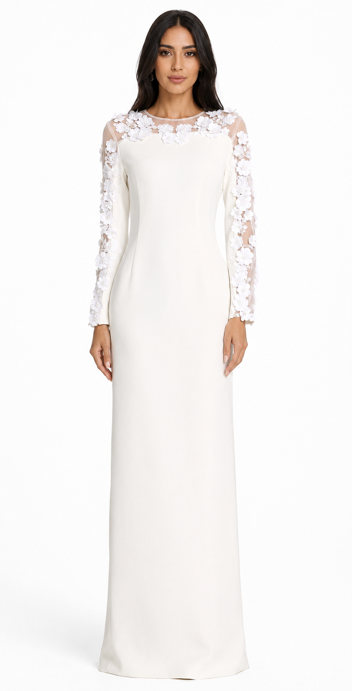 Floral Embellished Illusion Sleeve Maxi Dress - Ruby